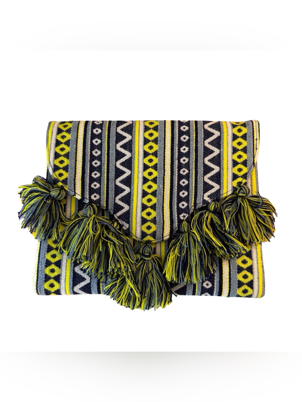 Mud Pie Boho Clutch Bag Woven Geometric Tassels Yellow Black Gray 11"